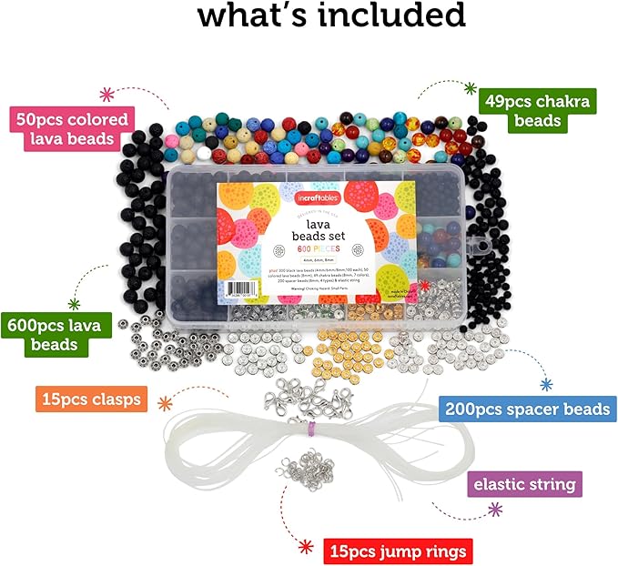 Incraftables Lava Beads Set for DIY Jewelry & Bracelet Making (1000pcs). Bulk Black & Colorful Assorted (4mm, 6mm & 8mm) Stone Rock Chakra Bead Kit for Essential Oils with Spacer Beads & Organizer