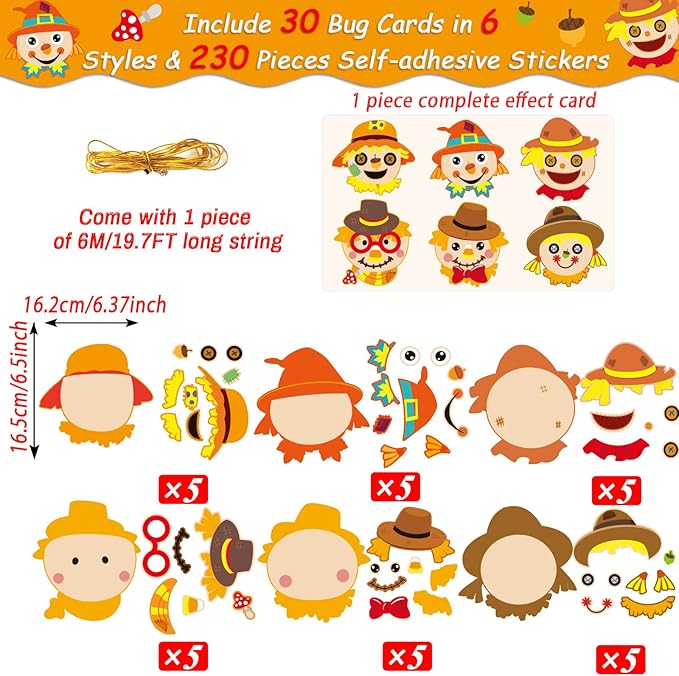 chiazllta 30 Pcs Thanksgiving Fall Craft for Kids Kindergarten DIY Scarecrow Craft Kits Fall Autumn Art Craft Make Your Own Scarecrow Head Set for Home Class Game Activities Preschoolers
