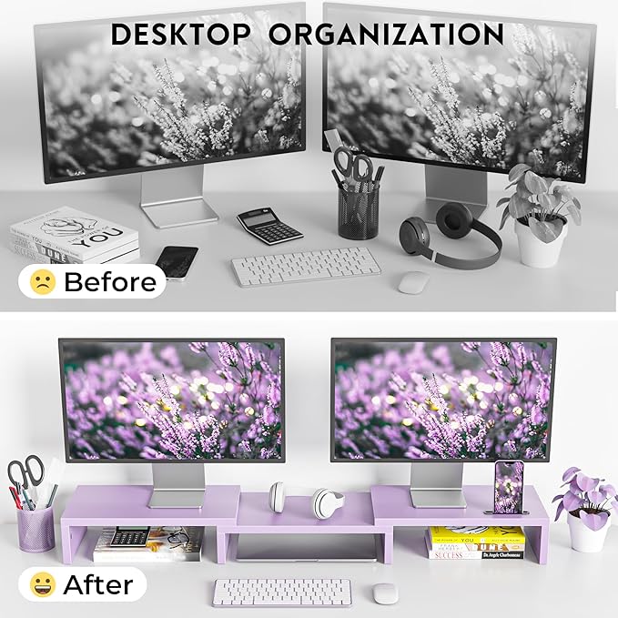 BONTEC Dual Monitor Stand Riser with Smartphone Holder, Adjustable Length & Swivel Angle, Ergonomic Wooden Desktop Organizer for PC Monitor, Laptop, Printer, Large Storage, Purple