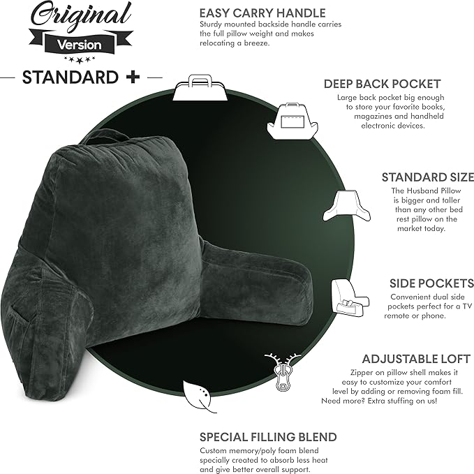 Husband Pillow Dark Green, Original Reading Pillow in Bed Rest Chair, Shredded Memory Foam Large Lounge Cushion Adult Backrest with Arms, Comfy Back Support for Sit Sitting Up, Wash/Removable Cover