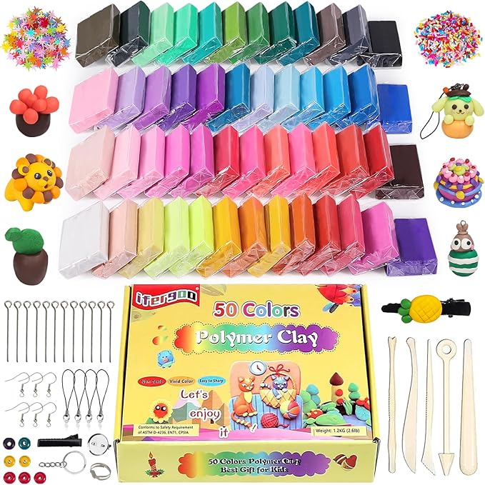 ifergoo Polymer Clay, Modeling Clay for Kids DIY Starter Kits, 50 Color Oven Baked Model Clay, Non-Toxic, Non-Sticky, with Sculpting Tools, Ideal Gift for Boys, Girls and Artists