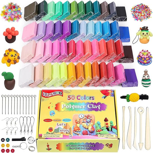 ifergoo Polymer Clay, Modeling Clay for Kids DIY Starter Kits, 50 Color Oven Baked Model Clay, Non-Toxic, Non-Sticky, with Sculpting Tools, Ideal Gift for Boys, Girls and Artists