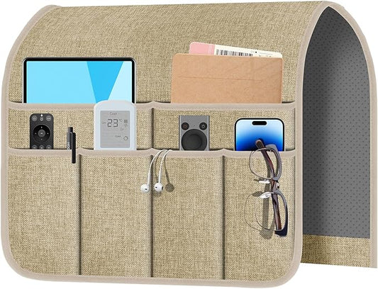 Armchair Caddy & Remote Control Holder for Couch & Recliner | Non-Slip Armrest Organizer with 6 Pockets for TV Remote, Phone, Tablet, Magazine & More, 19 x 35 Inches, Beige