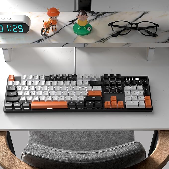 MageGee Mechanical Gaming Keyboard, 104 Keys White Backlit Keyboards with Yellow Switches, USB Wired Mechanical Computer Keyboard for Laptop, Desktop, PC Gamers (Black & White)