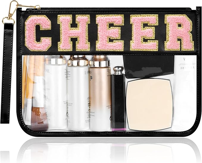 BuyCard Cheer Chenille Letter Bags Clear Makeup Bag, Cheerleader Gifts Cosmetic Bag, Varsity Preppy Patch Flat Pouch Cheer Accessories, Waterproof PVC Organizer Toiletry Bag for Women Girls Black