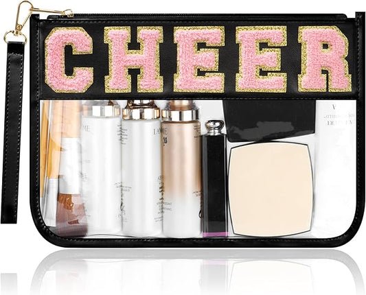 BuyCard Cheer Chenille Letter Bags Clear Makeup Bag, Cheerleader Gifts Cosmetic Bag, Varsity Preppy Patch Flat Pouch Cheer Accessories, Waterproof PVC Organizer Toiletry Bag for Women Girls Black