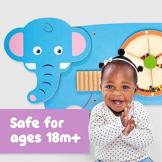 SPARK & WOW Elephant Activity Wall Panel - Ages 18m+ - Montessori Sensory Wall Toy - 3 Activities - Busy Board - Toddler Room Décor