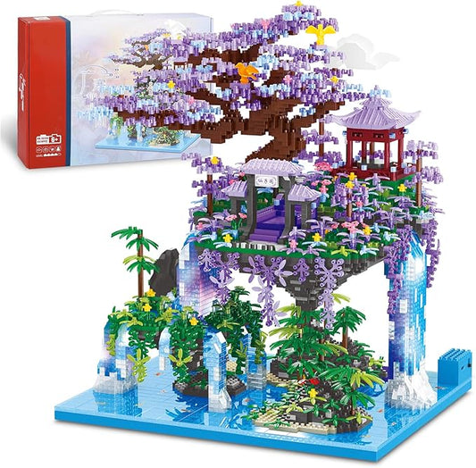 Chinese Moon Palace Pavilion Building Blocks Set - Micro Miniature Bonsai Tree House with String Lights and Flowers for Adults and Kids (4574 Pieces)