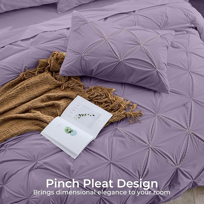Sasttie King Size Comforter Set, 7-Piece Bed in a Bag, Pintuck Bedding Set for All Season, Includes Comforter, Flat Sheet, Fitted Sheet, Pillowcases and Pillowshams, New Purple
