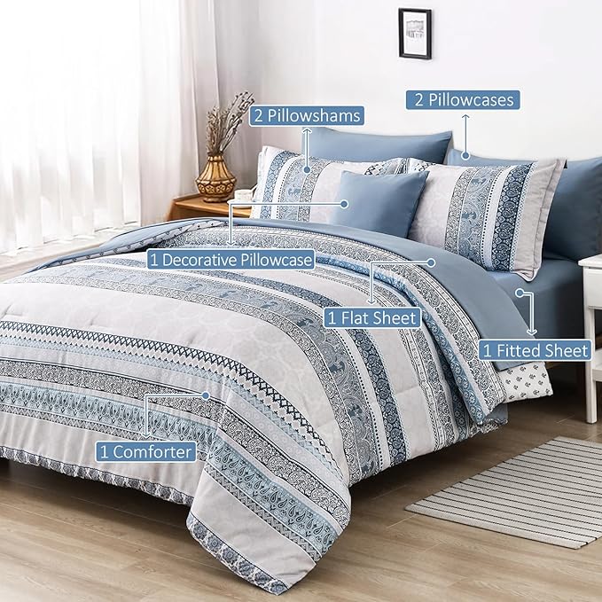 Cottolester Boho Comforter Set Queen Size Light Blue Comforter Set 8 Piece Bed in a Bag Paisley Floral Bedding Sets All Season