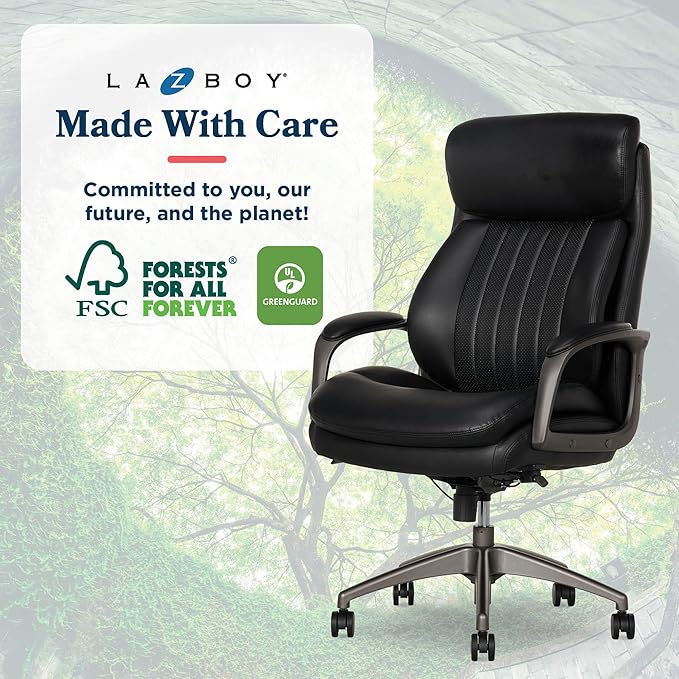 La-Z-Boy Nova Vegan Leather Modern Executive Ergonomic Design Office Chair, Memory Foam Thick Contoured Seat Back with Patented Lumbar Support Technology, Soft to Medium Sit Comfort, Black