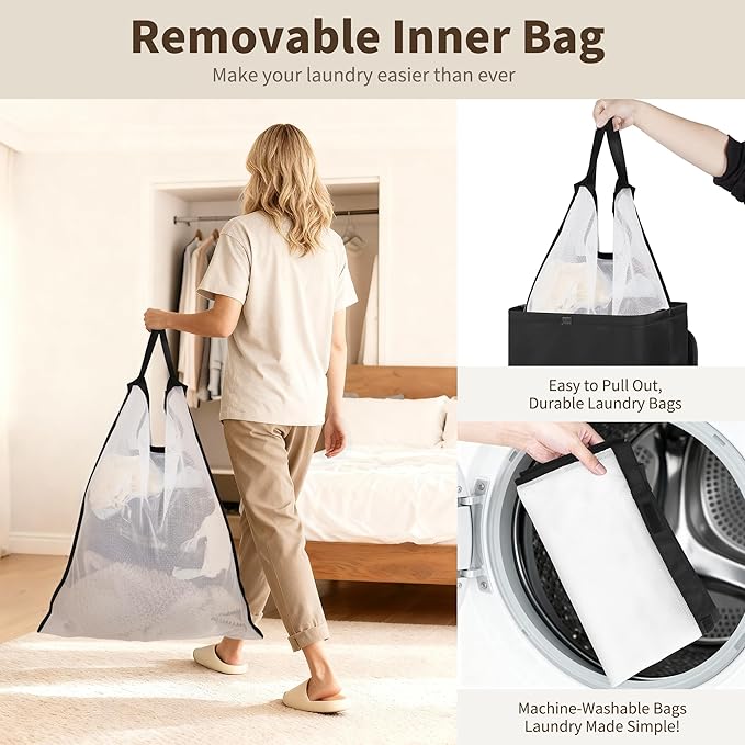 80L Large Laundry Hamper with Lid, Foldable Laundry Bag for Washing Machine with Removable Inner Bag, Dirty Hampers for Bedroom, Bathroom,Laundry Room, College (Black)