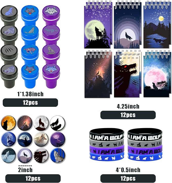 48 PCS Wolf Party Favors, Wolf Birthday Party Favors with 12 Wolf Button Pins, 12 Mini Notebooks, 12 Stampers and 12 Rubber Bracelets for Birthday Party Baby Shower Holiday