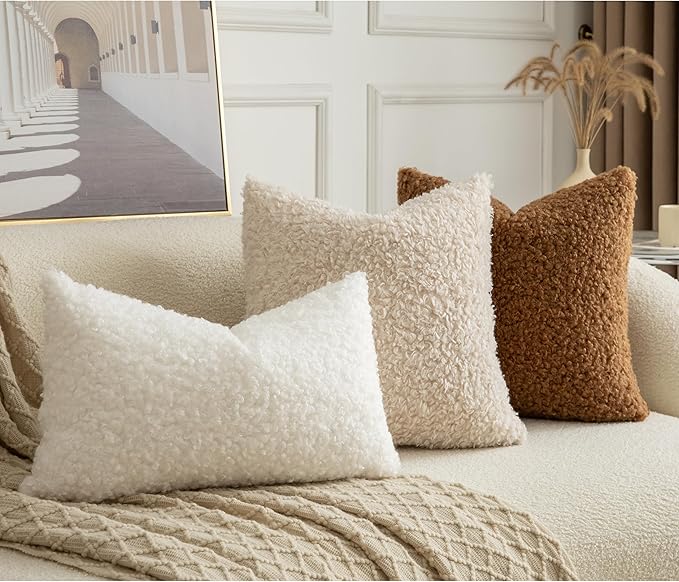 Pack of 2 Curly Teddy Wool Faux Fur Throw Pillow Covers Fuzzy Accent Soft Sherpa Pillowcases Sheepskin Fleece Decorative Cushion Case for Sofa Couch Living Room 26x26 Inch Neutral White