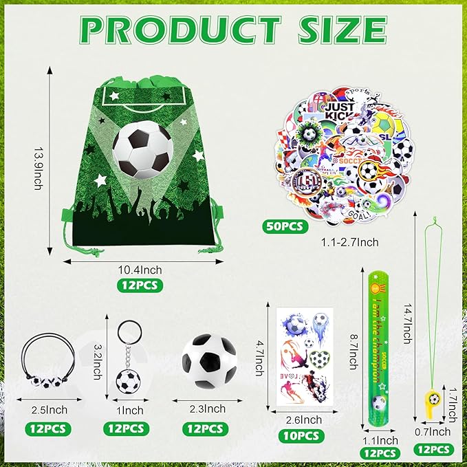 132Pcs Soccer Party Favors,12Pcs Soccer Drawstring Bags,12Pcs 2.4 Inch Mini Soccer with Soccer Keychains Stickers Bracelet Whistle Slap Bracelets Tattoo Stickers for Soccer Party Decorations Supplies