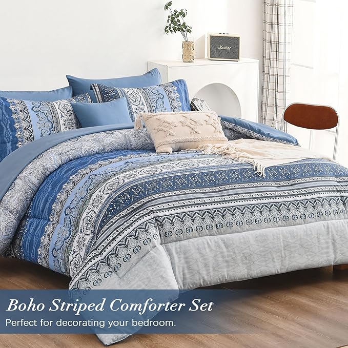 Cottolester Boho Comforter Set Queen Size,8 Pieces Blue and Grey Bohemian Striped Bed in a Bag,Paisley Soft Microfiber Bedding Comforter Set
