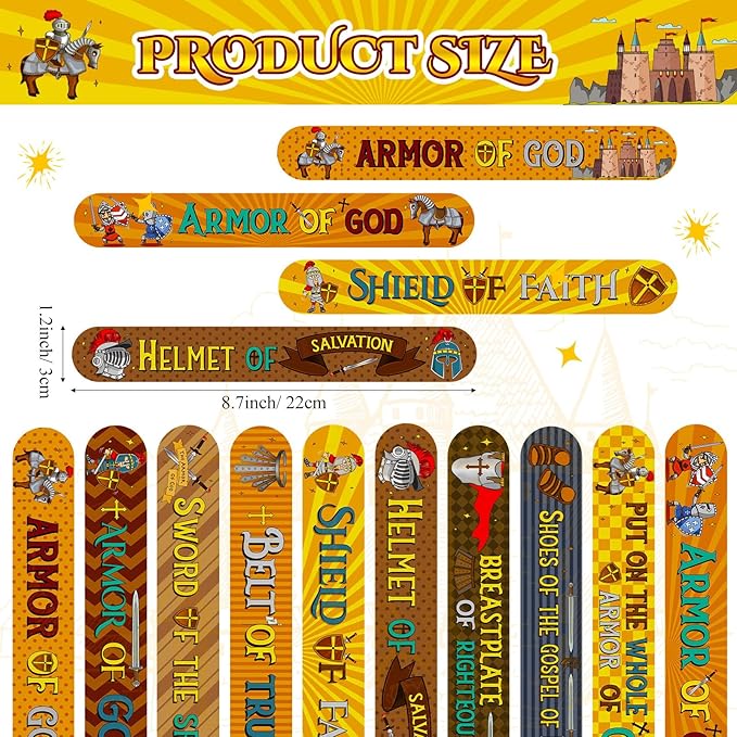 Frienda 60 Pieces Religious Knight Slap Bracelets with Button Pins Medieval Theme Wristbands Snap Bracelets Christian Pinback Buttons for Kids Christian Party Favors Sunday School Gifts