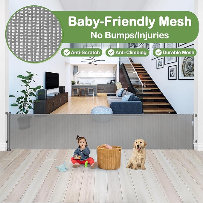 200 Inch Retractable Baby Gates Extra Wide Retractable Dog Gate for Super Wide Openings Indoor Extra Wide Baby Gate Outdoor Retractable Gates for Dogs Baby Fence Play Area Garage Gate Deck Gate, Gray