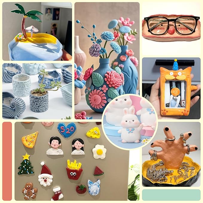 UHAPEER Air Dry Clay Kit for Adults, Pottery Set for Beginners with Clay, Sculpting Tools, Varnish, Pottery Paint, Step-by-Step Guide & Video, Gift for Arts Crafts Lover