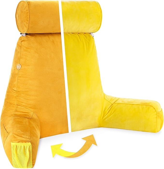 Husband Pillow Medium Aspen Edition Gold Rush, Sit Up Reading & Bed Rest with Arms, Ultra-Comfy, Detach Neck Roll - Premium Shredded Memory Foam Backrest, Reverses to Micro: Suede or Plush