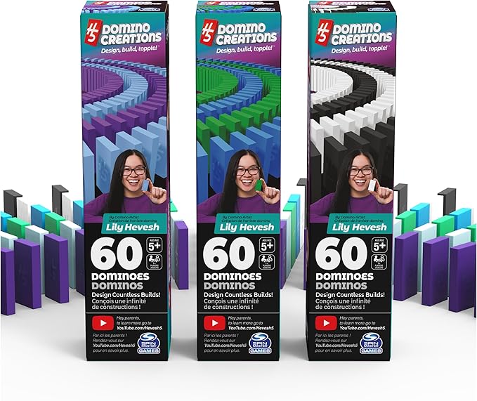 Spin Master Games, H5 Domino Creations, 180-Piece Dominoes Set by Lily Hevesh Colorful 3-Pack Bundle of 60-Piece Packs, Family Games for Ages 5+