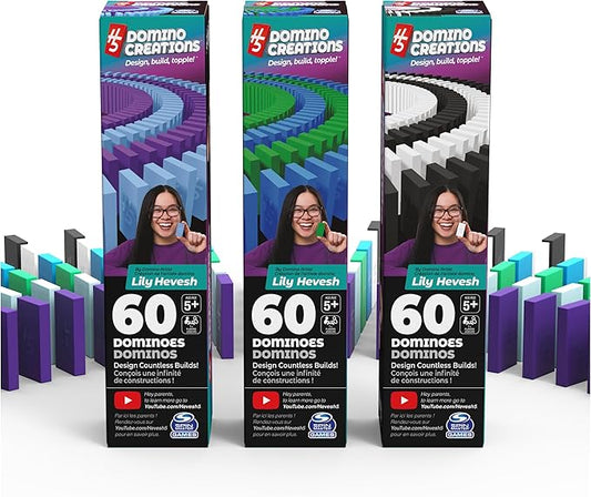 Spin Master Games, H5 Domino Creations, 180-Piece Dominoes Set by Lily Hevesh Colorful 3-Pack Bundle of 60-Piece Packs, Family Games for Ages 5+