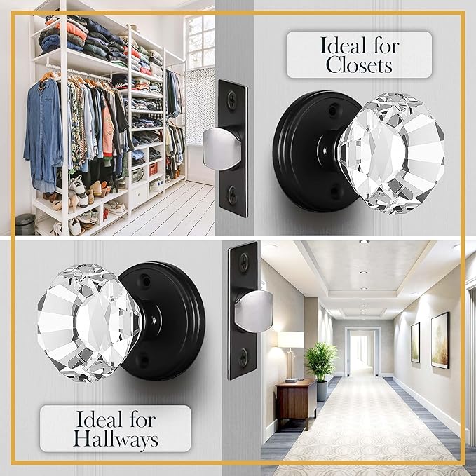 Clear Crystal Door Knob, Glass Door Knobs Interior Non-Locking Set, Antique Decorative Vintage Style for Hallway, Closet, Passage Doors, 1 Pack