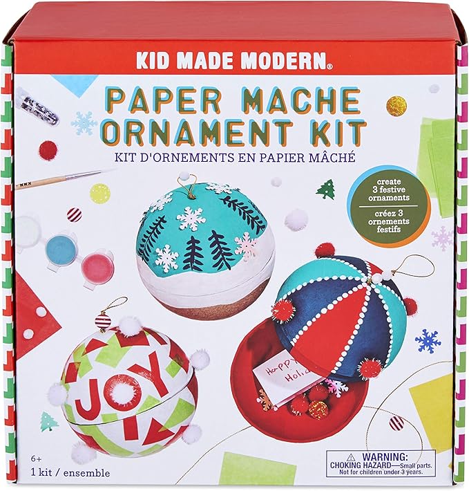 Kid Made Modern Handmade Ornament Paper Mache Kit for Holiday Crafts, Create Custom Christmas Tree Decorations with Paint, Glitter, Glue, and More, Ideal for Kids Ages 6+ and Adults