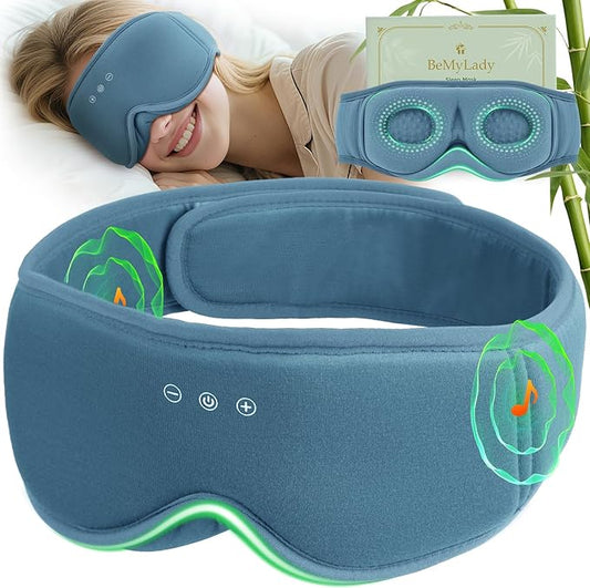 BeMyLady 3D Bamboo Cotton Sleep Mask with Bluetooth 5.4 Headphone, Music Wireless Bluetooth Blackout Eye Mask for Side Sleepers, Earphones HD Speaker Microphone for Travel, Gifts for Women Men, Blue