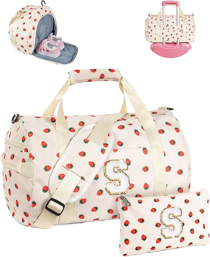 Holiday Gift Set, Girls Gym Bag, Kids Personalized Weekend Duffel Bags with Shoe Compartment, Initial Travel Tote with Makeup Bag, 4 5 6 7 8 9 10 Year Old Girl Birthday Gift (Letter S)