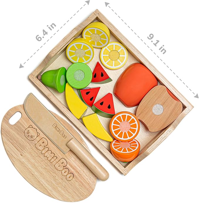 Bimi Boo Wooden Cutting Fruit Set Toy - Play Food Kitchen Accessory, Pretend Play for Toddlers (6 Fruits, Knife, Cutting Board, and Storage Tray)