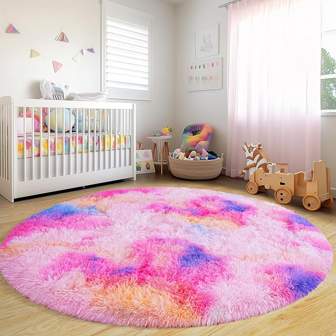 Xexsin Round Fluffy Rugs 8Ft for Girls Bedroom, Dark Rainbow Shag Circle Kids Rug Non-Slip for Bedside Dorm Nursery Playroom, Soft Cute Area Rugs for Living Room Decor