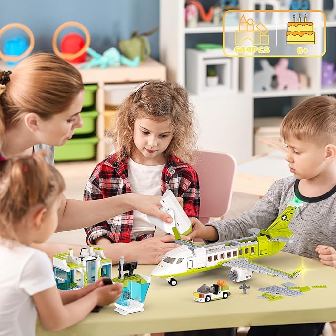 3 in 1 City Passenger Airplane Building Sets with LED Light, 684 PCS Toy Plane Building Blocks with Airport Terminal, Luggage Cart, Aircraft Tug Model Plane Toys for Kids 6-12+