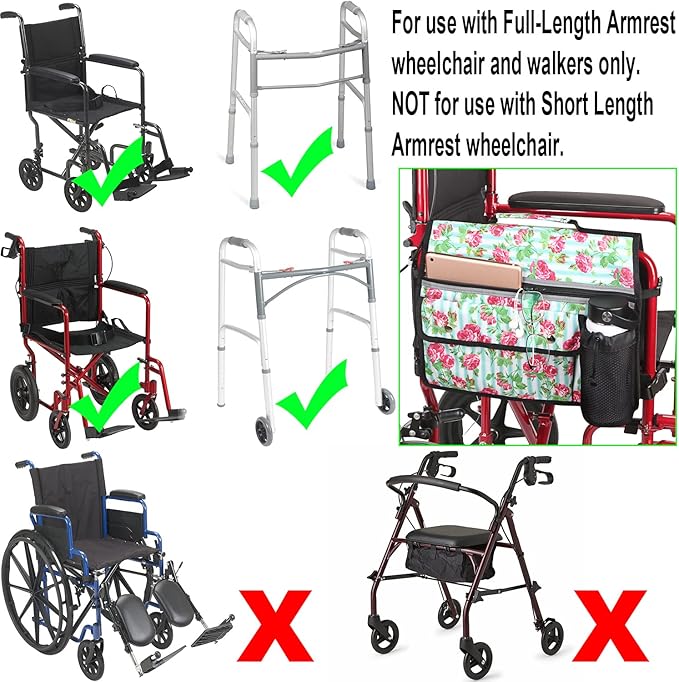 Wheelchair Storage Bag, Double-Sided Armrest Pouch with Cup Holder and Reflective Strip, for Wheelchairs and Walkers (White Floral)