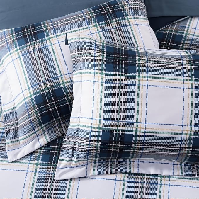 MaiRêve Full Size Plaid Comforter Set Blue White, Classic 7 Pieces Farmhouse Bedding Set, All Season Lightweight Bed in A Bag with Sheets, Pillowcases & Shams
