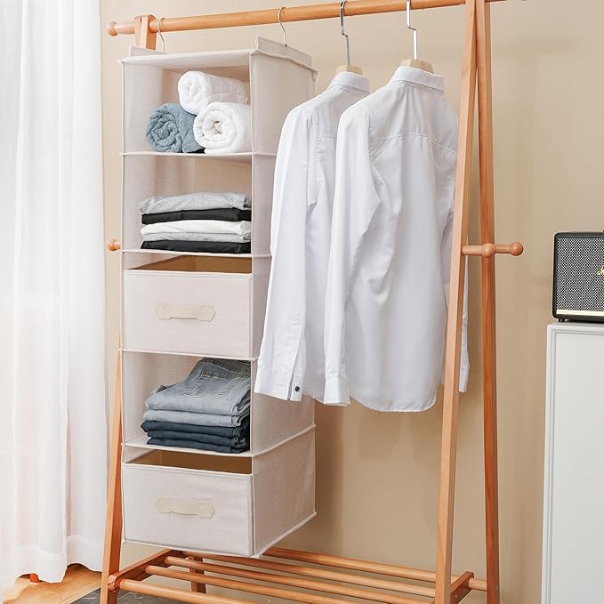 Large Hanging Sweater Organizer for Closet,Collapsible 6-Shelf Hanging Closet Shelves with Drawers, Washable (Beige -5 Shelf-2 d)