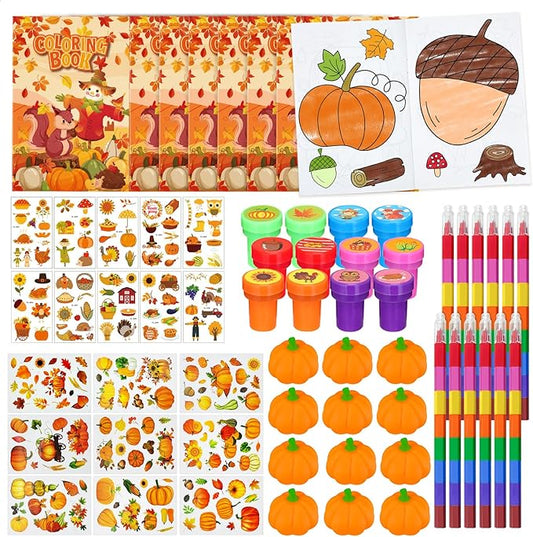 Cinrobiye 72 Pcs Fall Party Favors Thanksgiving Day Fall Coloring Books Squishy Pumpkins Tattoo DIY Sticker Stampers Class Reward Prizes for Autumn Harvest School Party