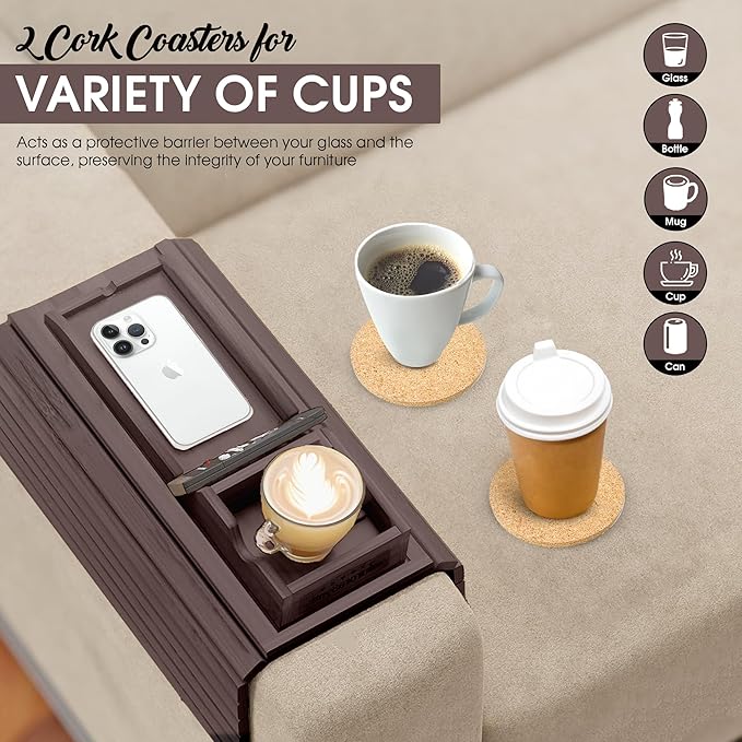 Couch Cup Holder with 2 Cork Coasters | Couch Caddy with Detachable Tray | Anti-Slip Foldable Armrest Sofa Tray, Anti-Spill Holder for Remote, Snacks, Cellphone - Ideal Gift (Walnut)