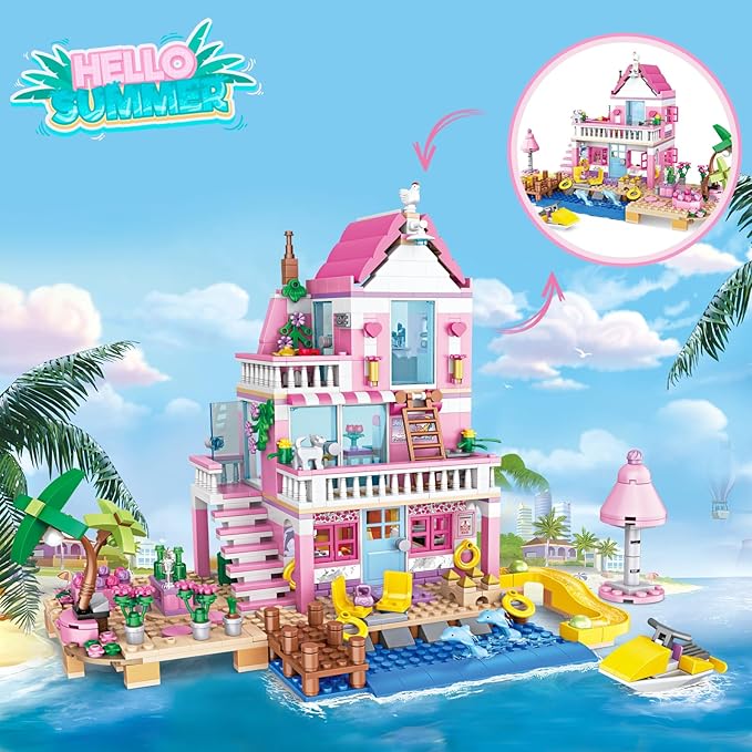 Pink Girls Seaside Beach Villa Friends Building Set Compatible with Lego Friends Construction Educational Toy for Kids Age 8-12 and Up 822 PCS