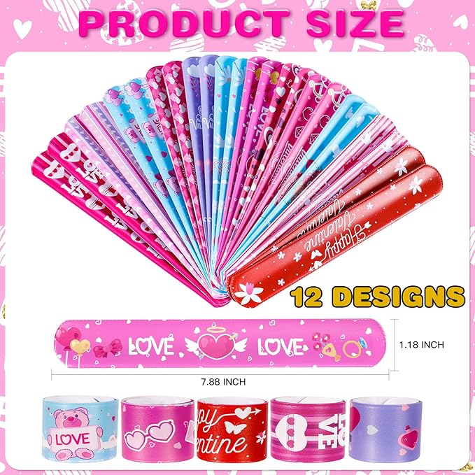 48 Pcs Valentines Slap Bracelets Rubber Bracelets Valentines Party Favors Gifts for Kids School Classroom Goodie Bag Stuffers