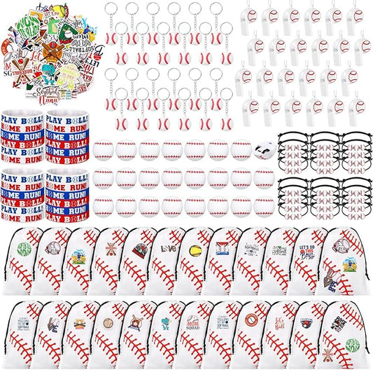 Aoriher 194 Pcs Baseball Party Favors Set Sport Silicone Bracelet Sport Car Keychain Whistle for Girls Boys Birthday Gifts Sport Themed Party Supplies
