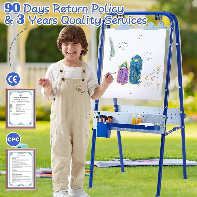 FUNLIO Foldable Outdoor Easel for Kids Aged 3+, Double-Sided Kids Easel with 2 Acrylic Boards & 21 pcs Accessories, Waterproof & Sunproof Art Easel for Kids, Portable & Stable - Blue