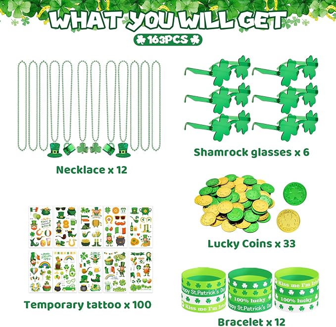 163Pcs St. Patrick's Day Accessories Party Favor Set, Tattoo Stickers, Necklaces, Bracelets, Shamrock Glasses, lucky Coins for Irish Party Supplies