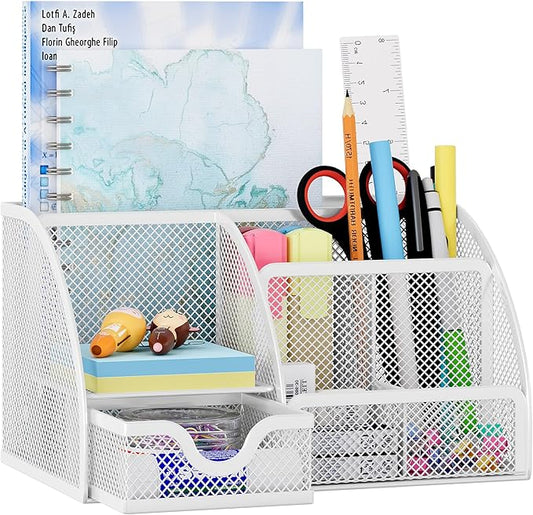 EasyPAG Mesh Desk Organizer with Drawer Multi-Functional Pen Holder Stationery Organizer for Office School Supplies 6 Compartments Dorm Organizers and Storage for Desk, White