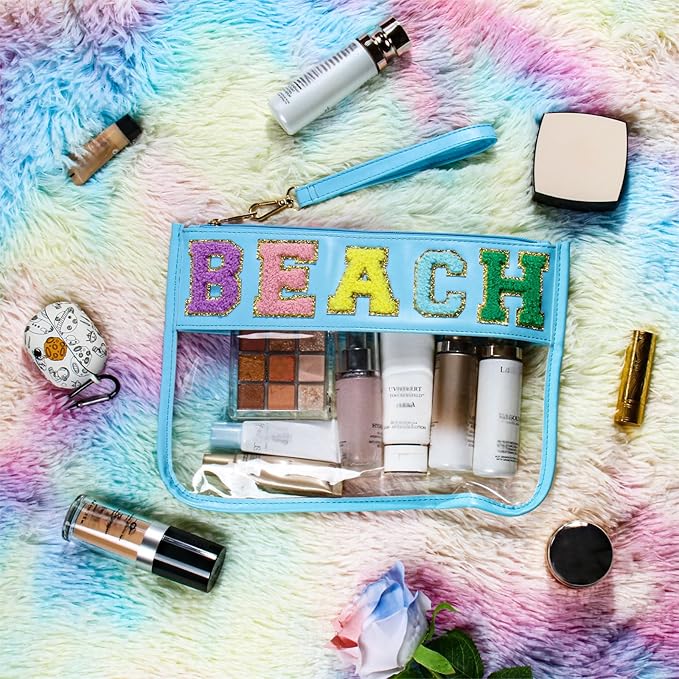 BuyCard Chenille Letter Bag, Clear Beach Purse, Clear Cosmetic Zipper Pouch for Travel, Portable Water-proof Preppy Makeup Toiletry Flat With Zipper, Organizer for Women Girls Blue