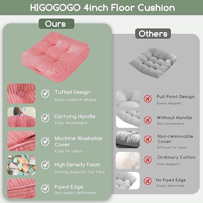 Washable Floor Pillow Cushion for Adults, Meditation Cushion Pillow, Large Square Floor Sitting, Removable Tufted Corduroy Cover, for Tatami Living Room or Yoga, 22x22 Inch, 2Pack, Machine Washable