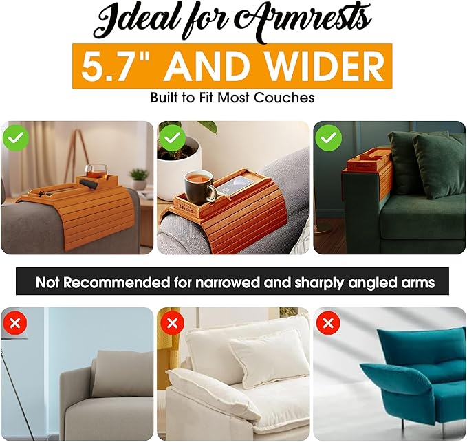 Couch Cup Holder with 2 Cork Coasters | Couch Caddy with Detachable Tray | Anti-Slip Foldable Armrest Sofa Tray, Anti-Spill Holder for Remote, Snacks, Cellphone - Ideal Gift (Mahogany)