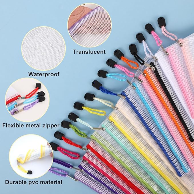 EOOUT 48pcs Mesh Zipper Pouch, Waterproof Zipper Bags, 8 Sizes Plastic Travel Pouch, 15 Colors, Multipurpose for Board Game, Travel Storage, School Supplies, Office Appliances, Home Organize