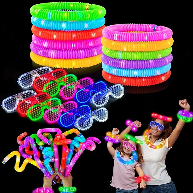 Glow in the Dark Party Favors Supplies for Kids 24 PCS, Valentines Glow Sticks & Neon Glasses for Toddlers, LED Light Up Bracelets Necklace Glasses Accessories Decorations for Birthday Wedding Dance