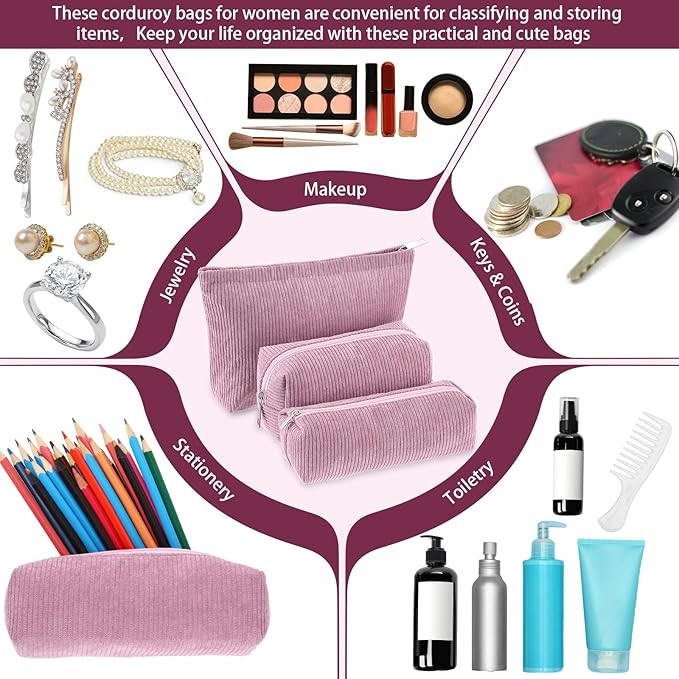 Huhumy 3 Pcs Makeup Bag Set for Women Corduroy Cosmetic Pouch Aesthetic Smile Travel Toiletry Bag Cute Purse Pouch Pencil Case Makeup Brushes Storage Organizer for Valentine(Rose Pink,Solid Style)